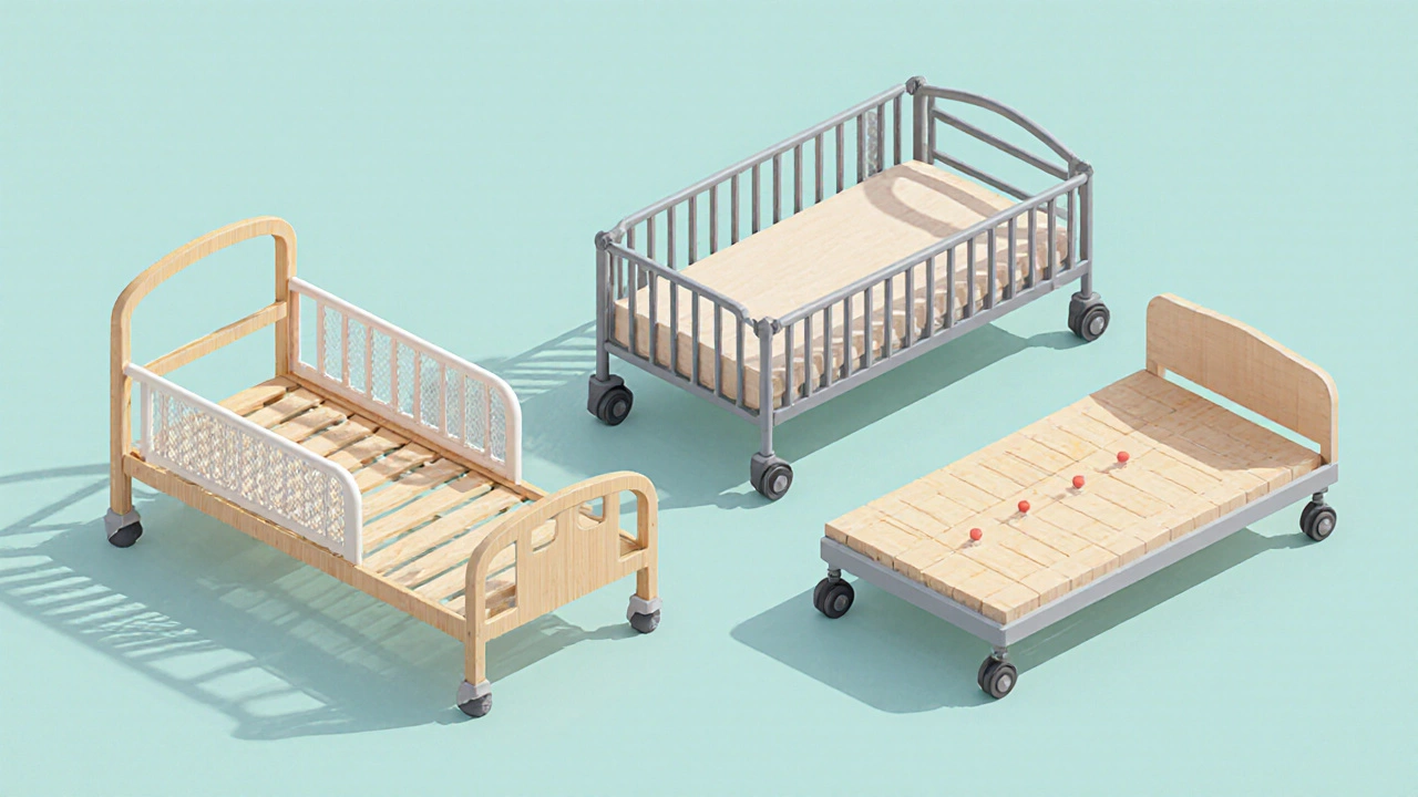 Иллюстрация четырёх разных моделей детских кроватей: деревянная, металлическо‑пластиковая, с бортиком и модульная система.