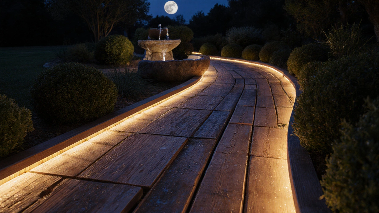 Ночной вид готовой деревянной дорожки со светодиодным освещением среди кустов и фонтана.
