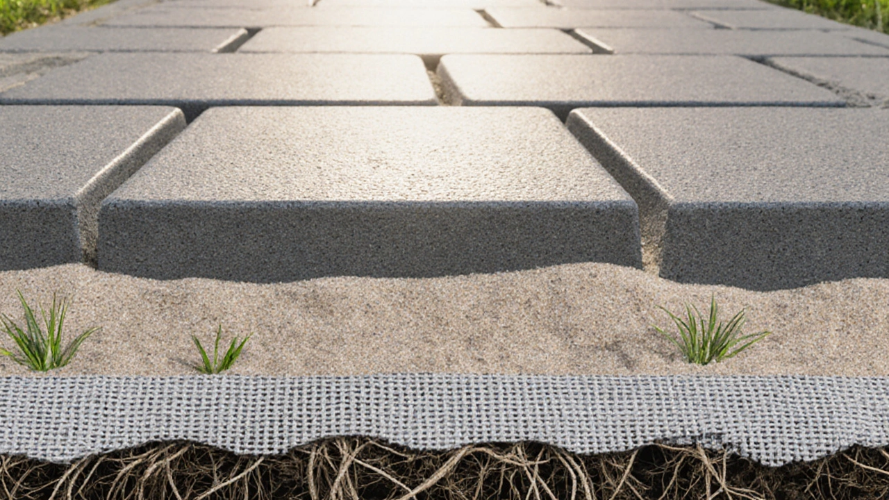 Разрез дорожки: геотекстиль, кварцевый песок и плитка — корни не прорастают.