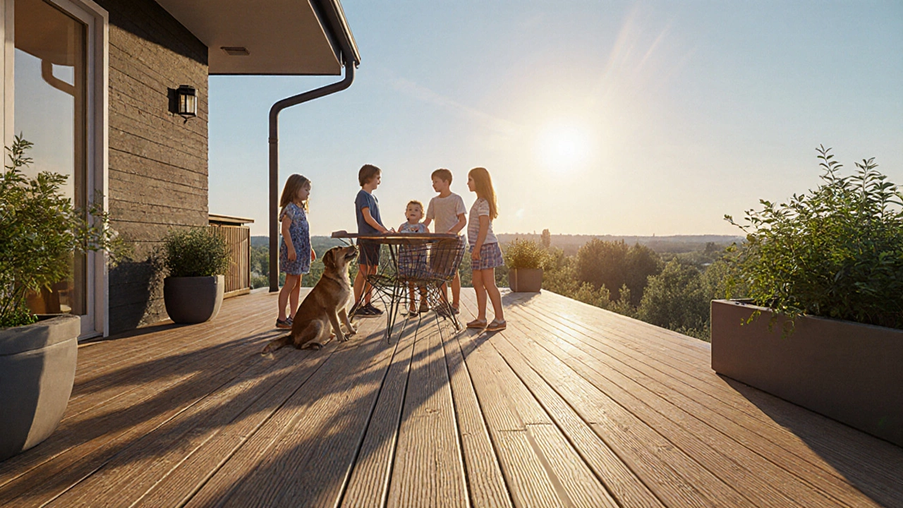 Семья на современной террасе из композитной доски в солнечный летний день в Красноярске.