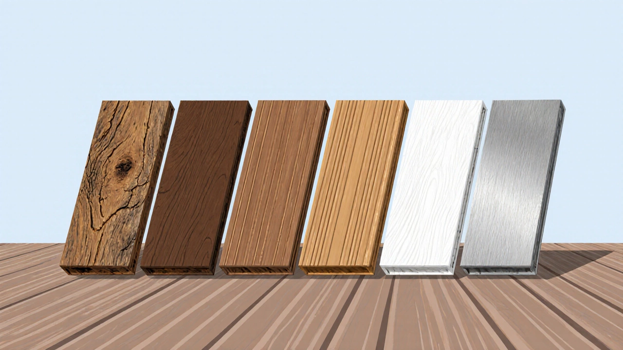 Шесть видов террасных материалов, расположенных рядом для сравнения.