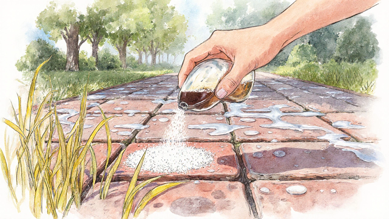 Смесь уксуса, соли и мыла наносят на трещины между кирпичами, сорняки желтеют.