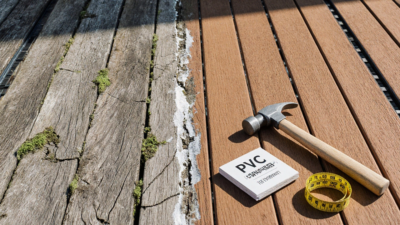 Сравнение старой повреждённой террасы и новой композитной доски с зазорами между планками.