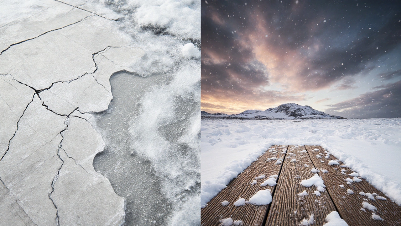 Сравнение: треснувшая плитка и бетон против прочной композитной доски в зимних условиях.