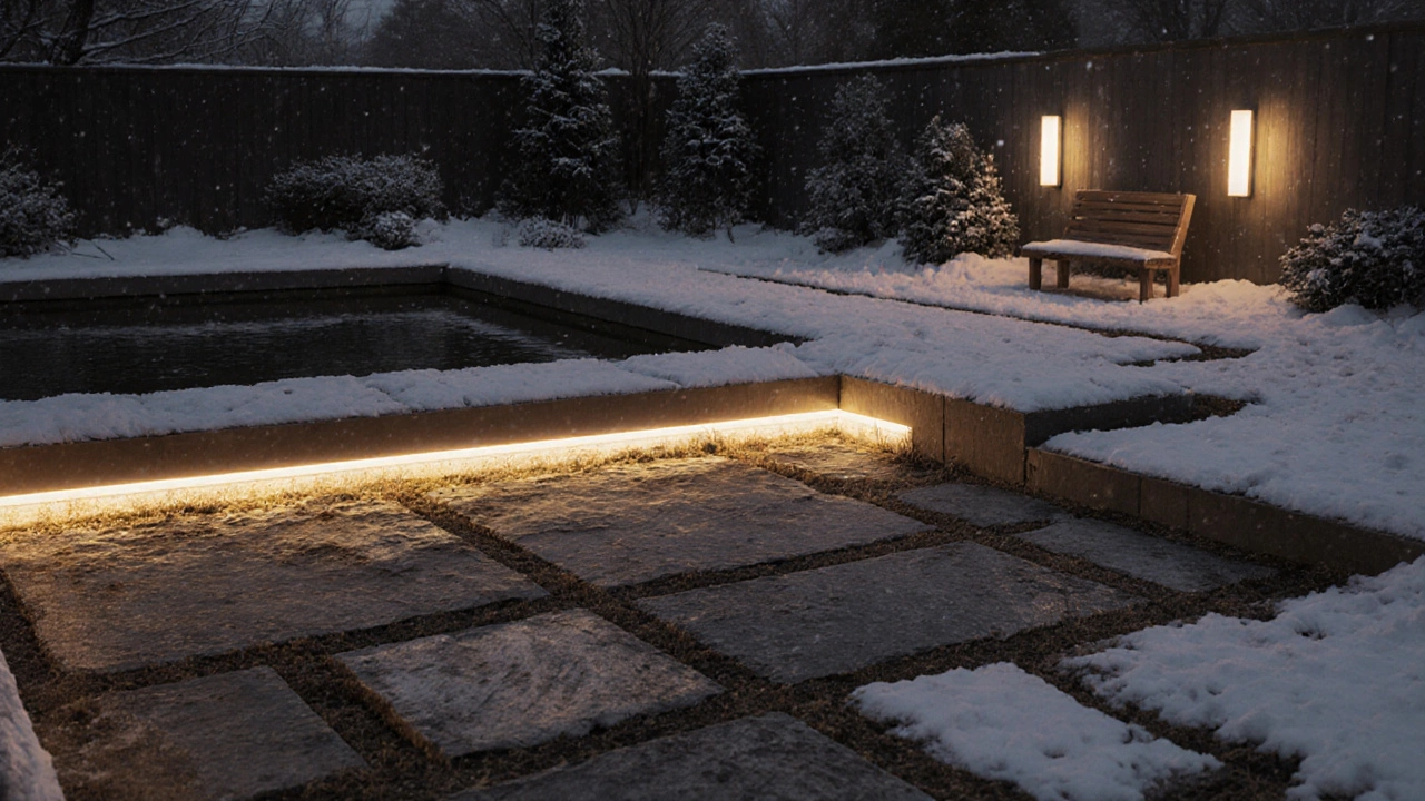 Светящиеся полосы между камнями террасы создают эффект свечения земли, зимний пейзаж.