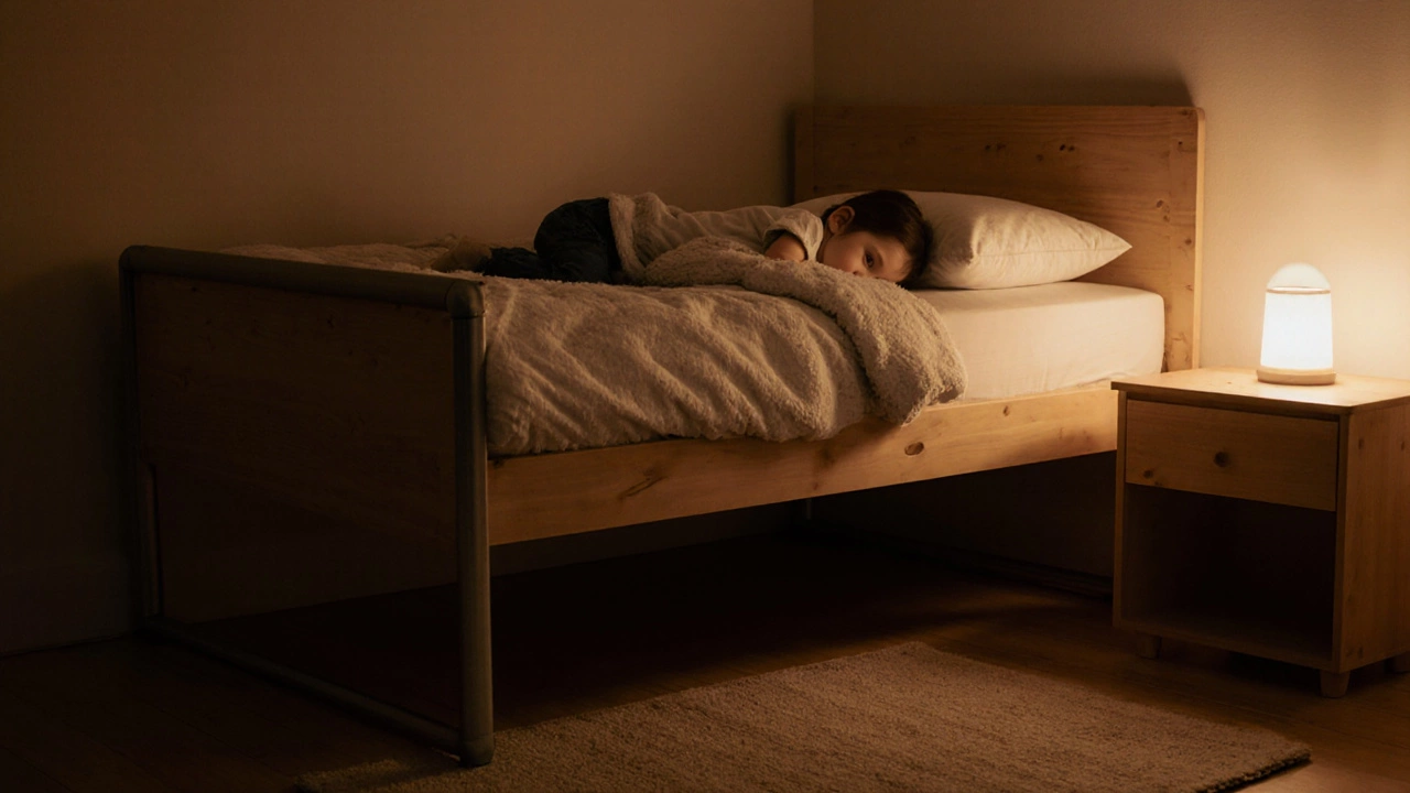 Тёплая ночная сцена: ребёнок спит на регулируемой по высоте гипоаллергенной кровати в тихом уголке детского сада.