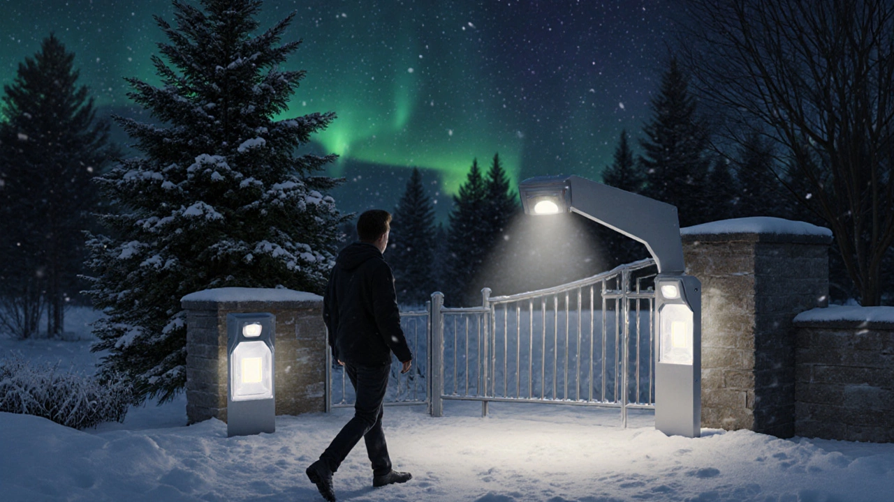 Умный садовый светильник включается при движении, подсвечивая дерево и дорожку в зимнем саду.
