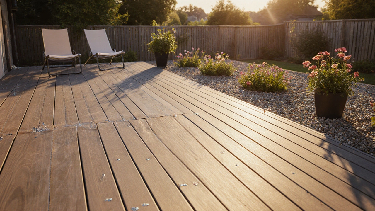 Установленная террасная доска из композита с мебелью в вечернем свете.