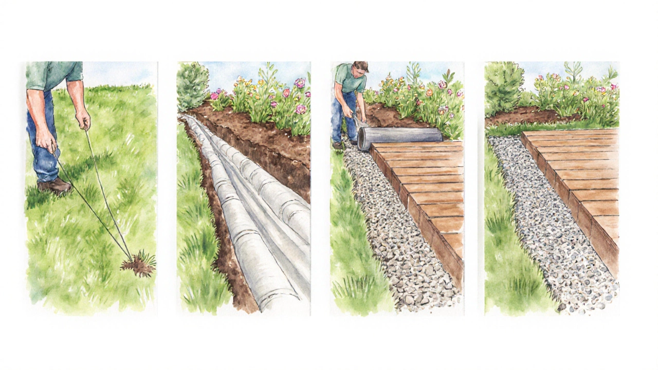 Водяные краски показывают подготовку грунта: разметка, выемка, геотекстиль, гравий и укладка покрытия.