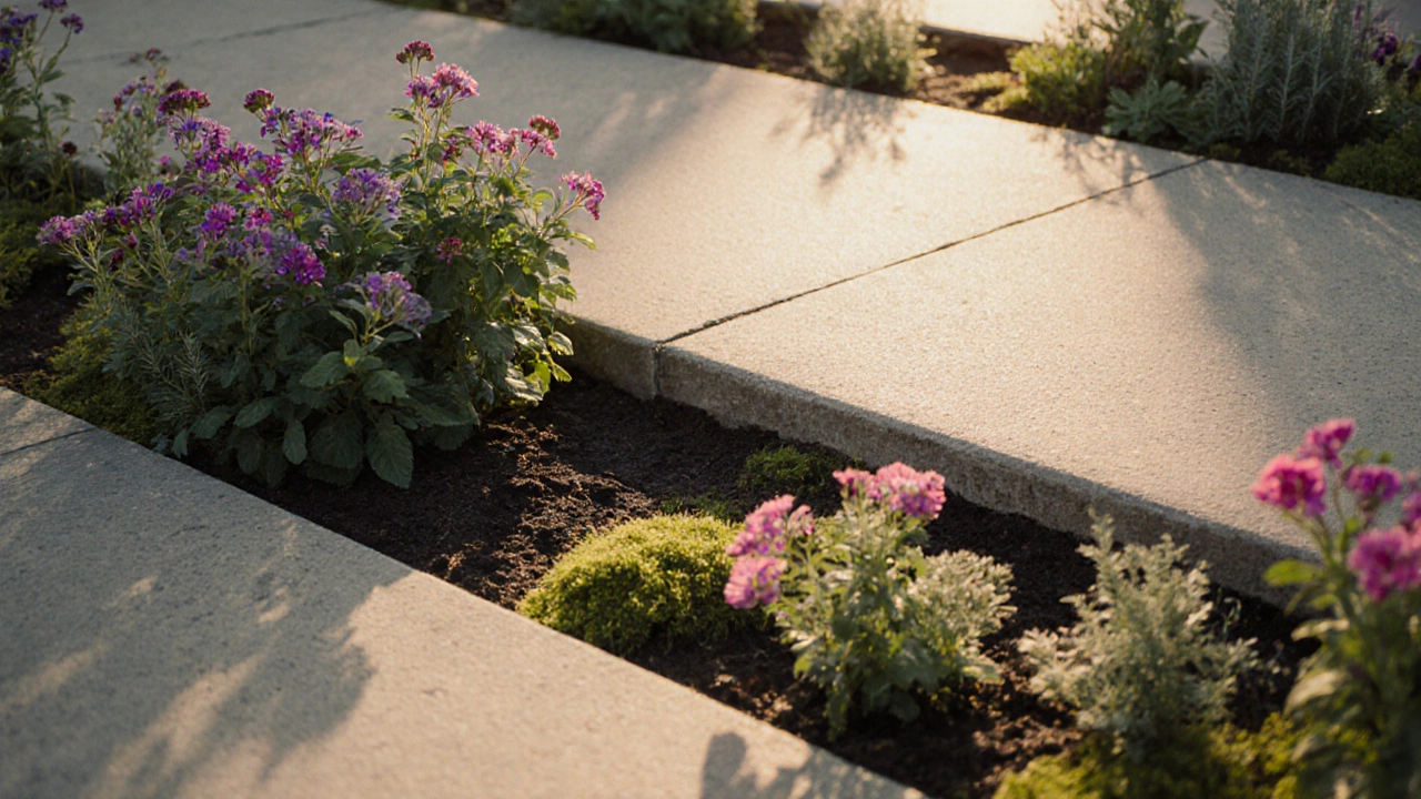 Бетонная дорожка с цветущими многолетниками, растущими через прорези, почти полностью поглощённая природой.