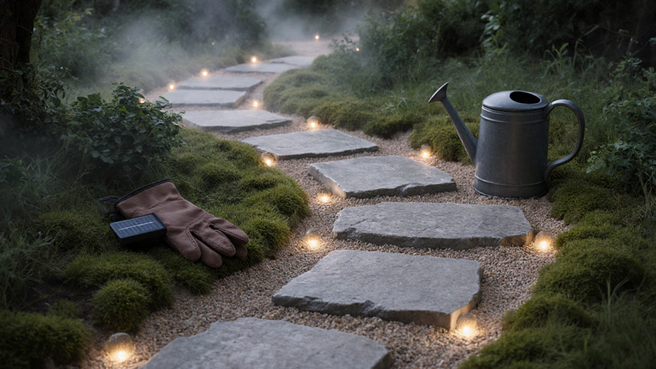 Дорожка из натурального гранита с мхом и встроенными светильниками, усыпанная мелким гравием.