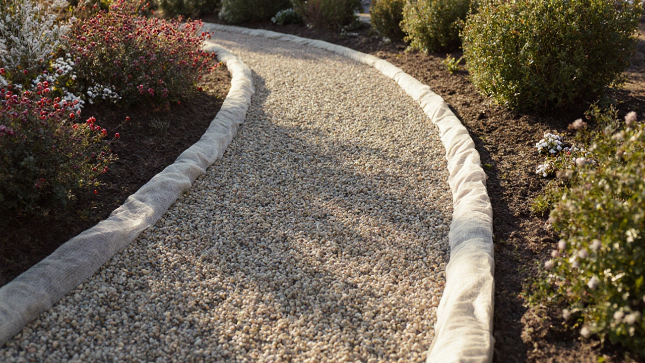 Гравийная дорожка с геотекстилем и кустарниками по краям, без следов размывания.