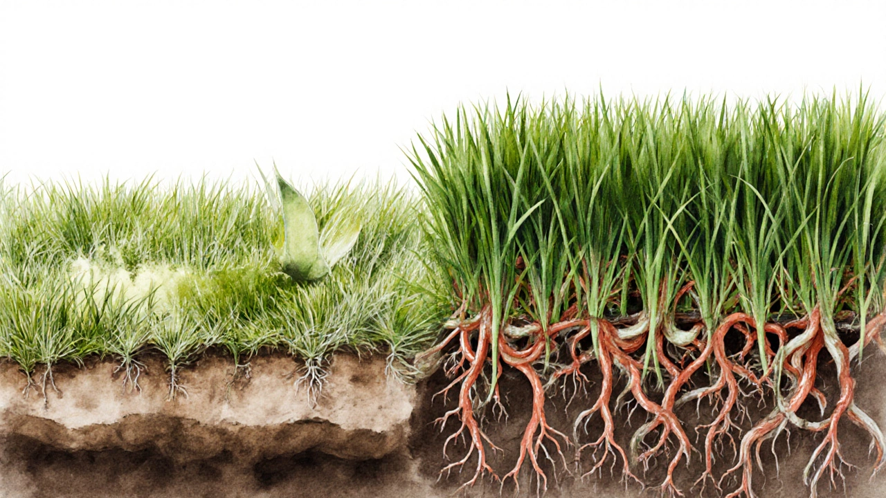 Художественное сравнение слабого газона с сорняками и плотного газона без сорняков, с подземными корнями.