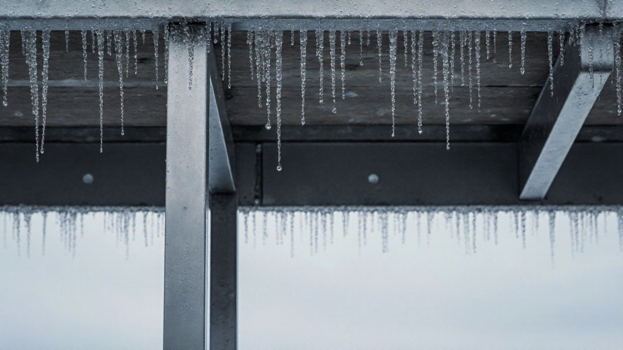 Каркас из нержавеющей стали на винтовых сваях с зазорами для вентиляции и каплями конденсата на металле.