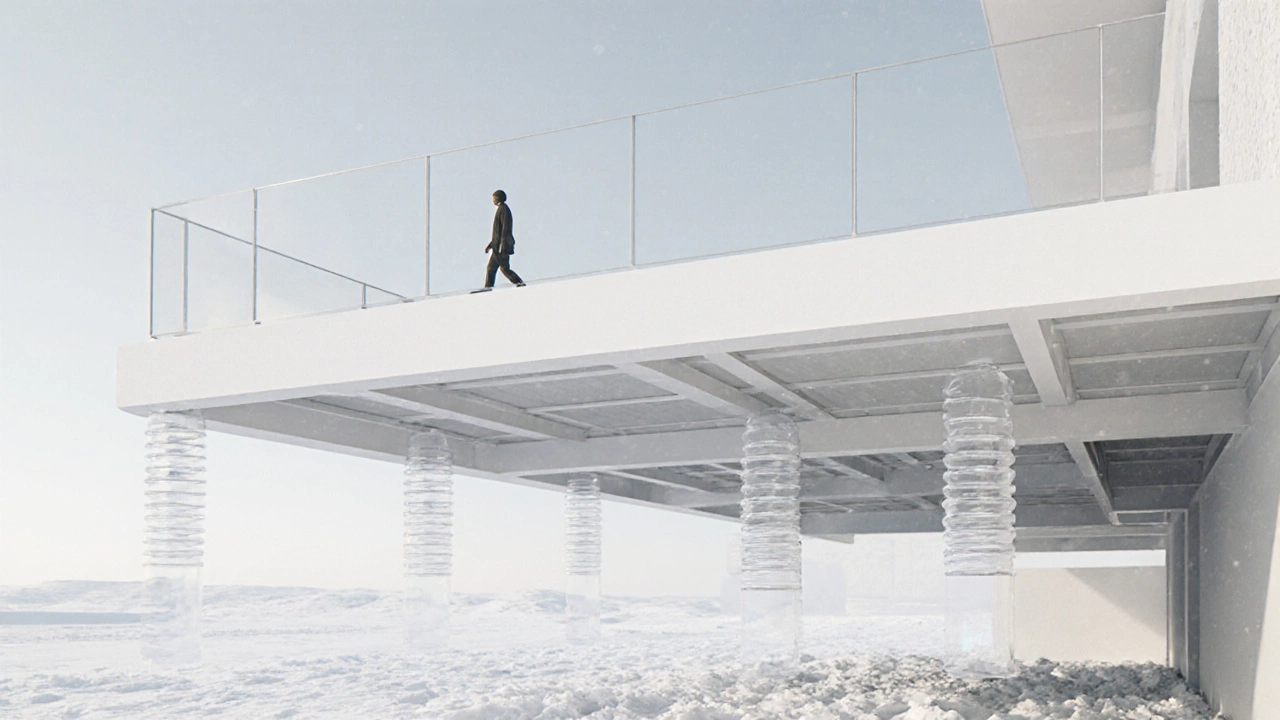 Каркас из ПВХ-композита на регулируемых опорах с воздушными потоками, символизирующими вентиляцию под настилом.