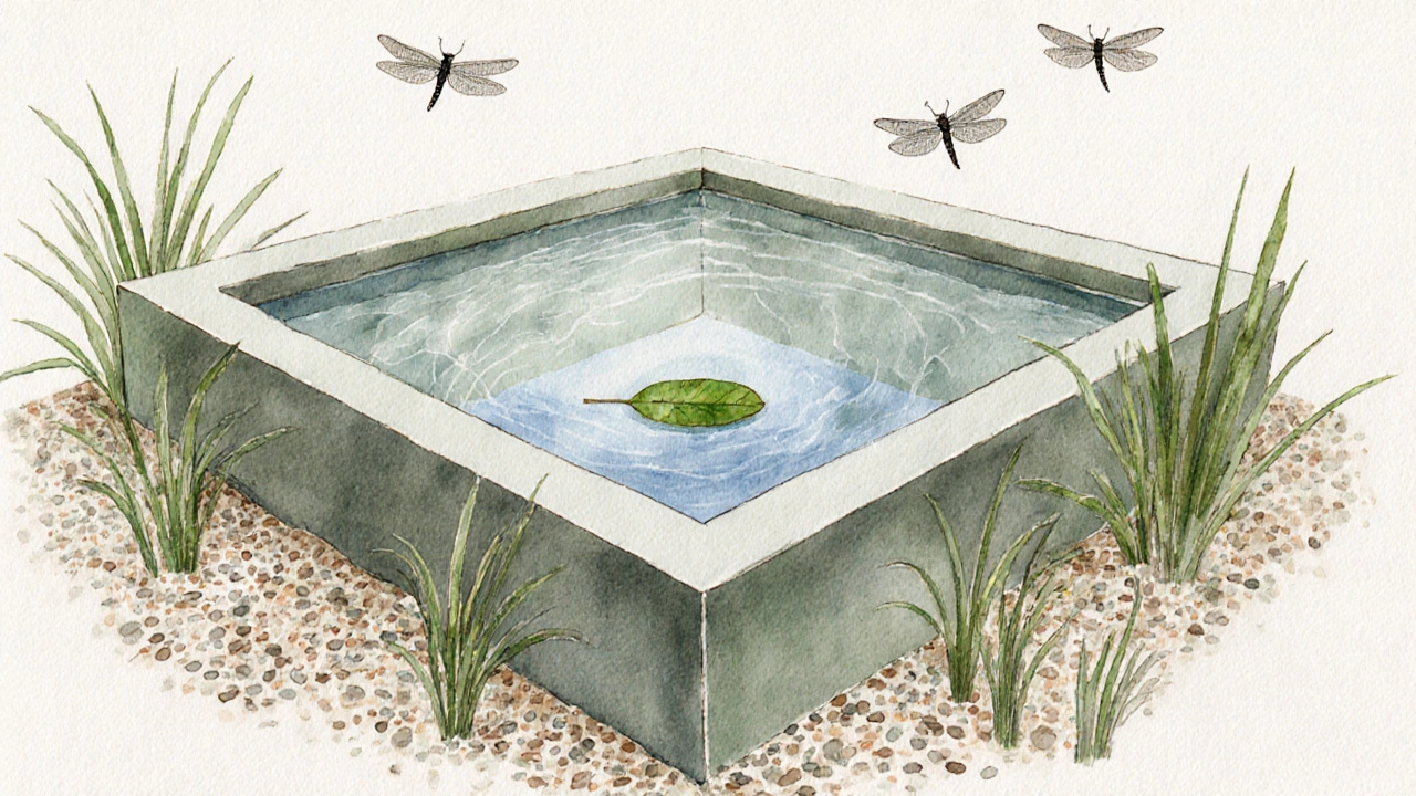 Концептуальная картина мини-пруда с растениями и стрекозами, показывающая природный баланс.