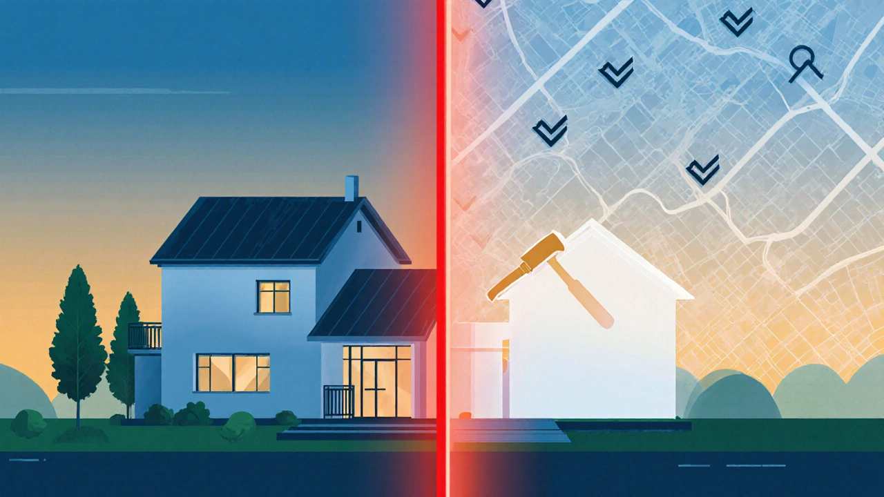 Концептуальное изображение: законный дом с расширением и исчезающий второй дом под действием закона.