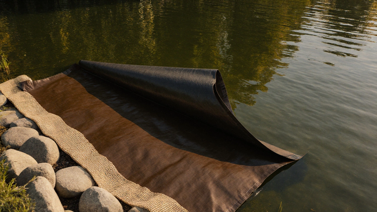 Плавающая EPDM-мембрана в пруду, защищенная геотекстилем и камнями.