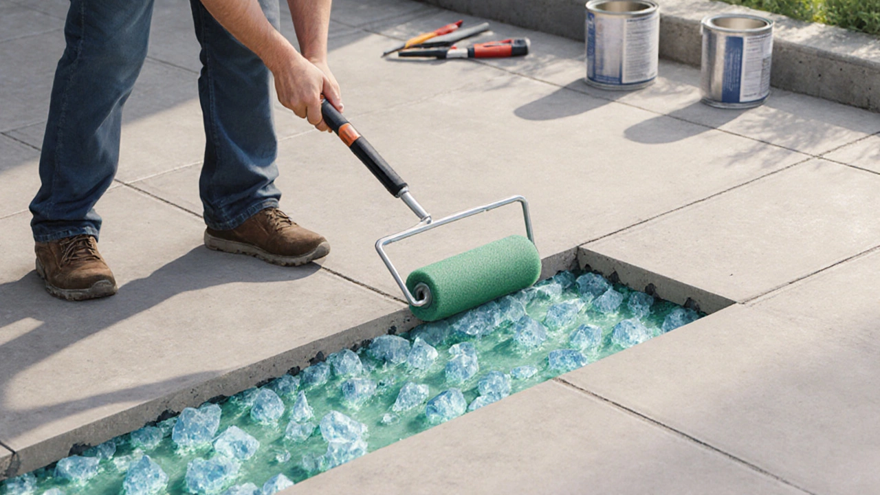 Профессионал наносит проникающую гидрофобизирующую пропитку на чистый бетон.