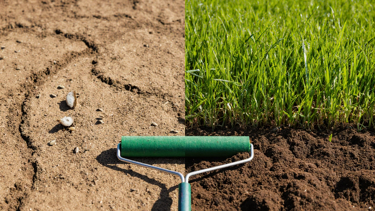 Разделённый ландшафт: слева — пустая земля с семенами, справа — густой зелёный газон.