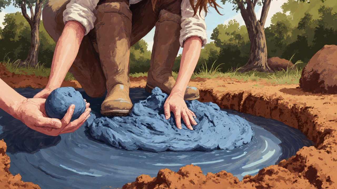 Ручная утрамбовка чистой глины в вырытом пруду под солнечным светом.