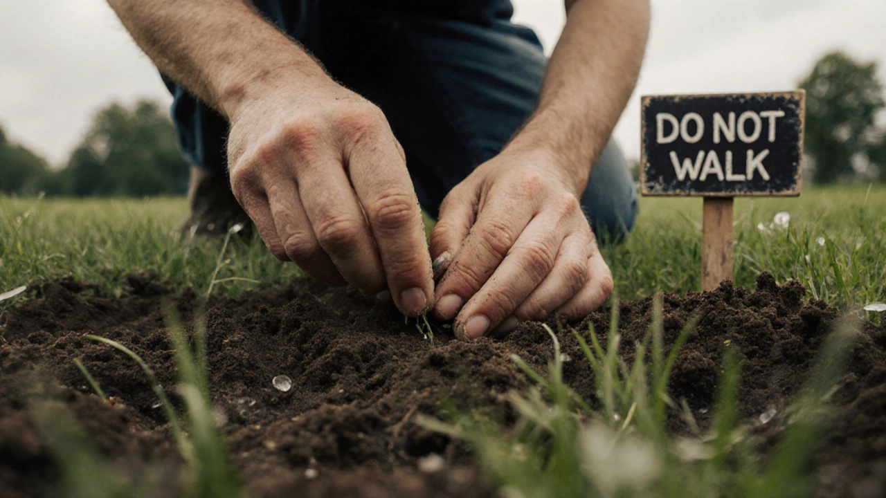 Руки сеют смесь газонной травы &#039;Сибирский газон 2025&#039; на подготовленную почву в конце июля.