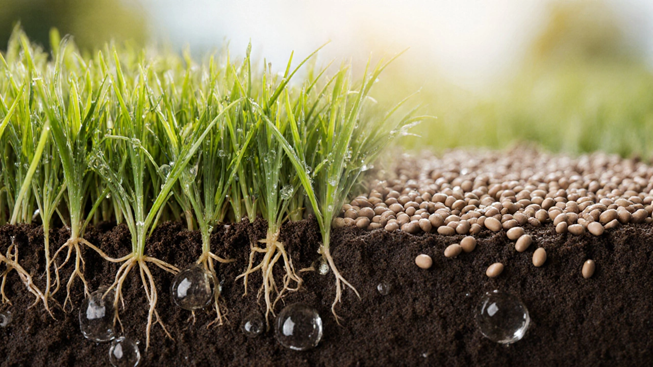 Семена прорастают под тонким слоем почвы, корешки уходят вниз, капли воды блестят.