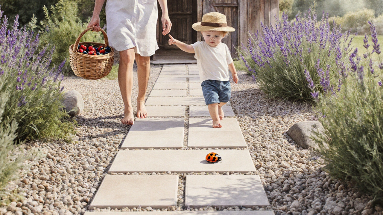 Смешанная дорожка: плитка по центру и гравий по краям, женщина с корзиной ягод идёт по ней.