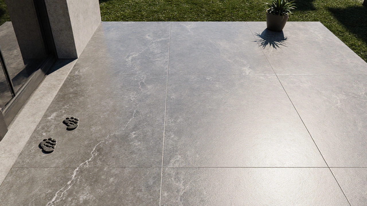 Современная бетонная терраса с полимер-цементным покрытием в летний день.