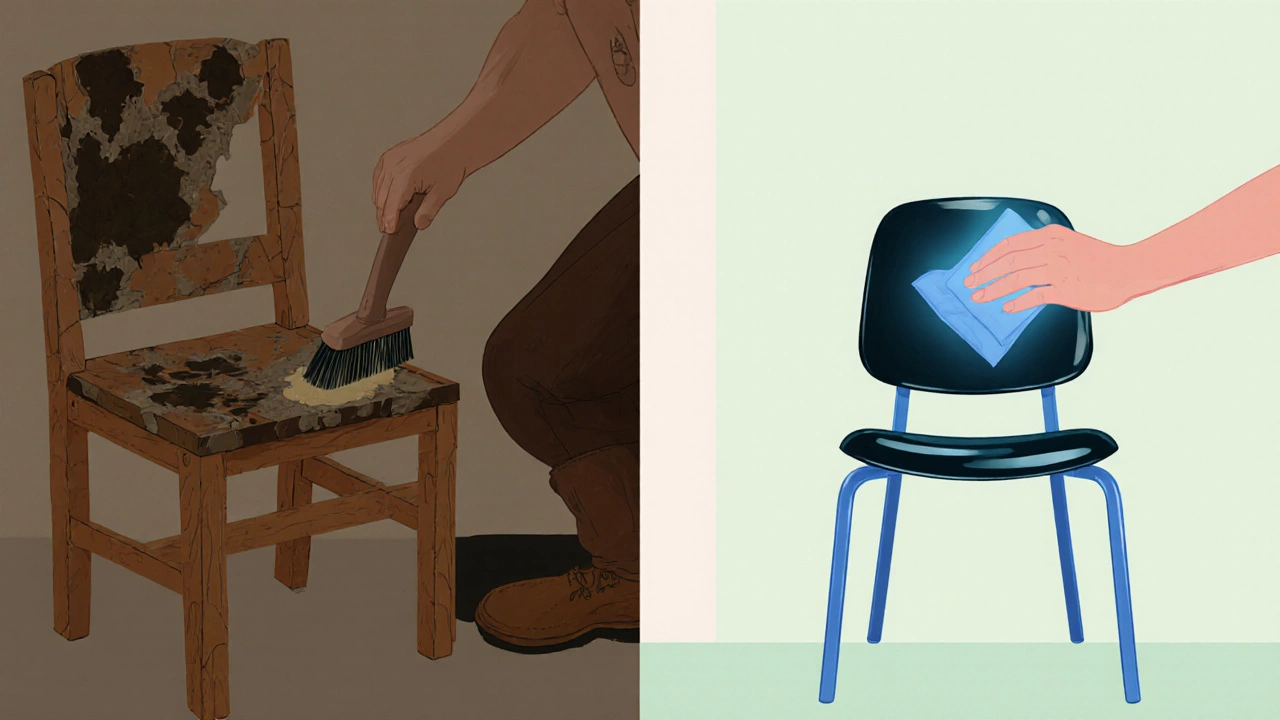 Сравнение: грязный деревянный стул слева и чистый пластиковый справа.