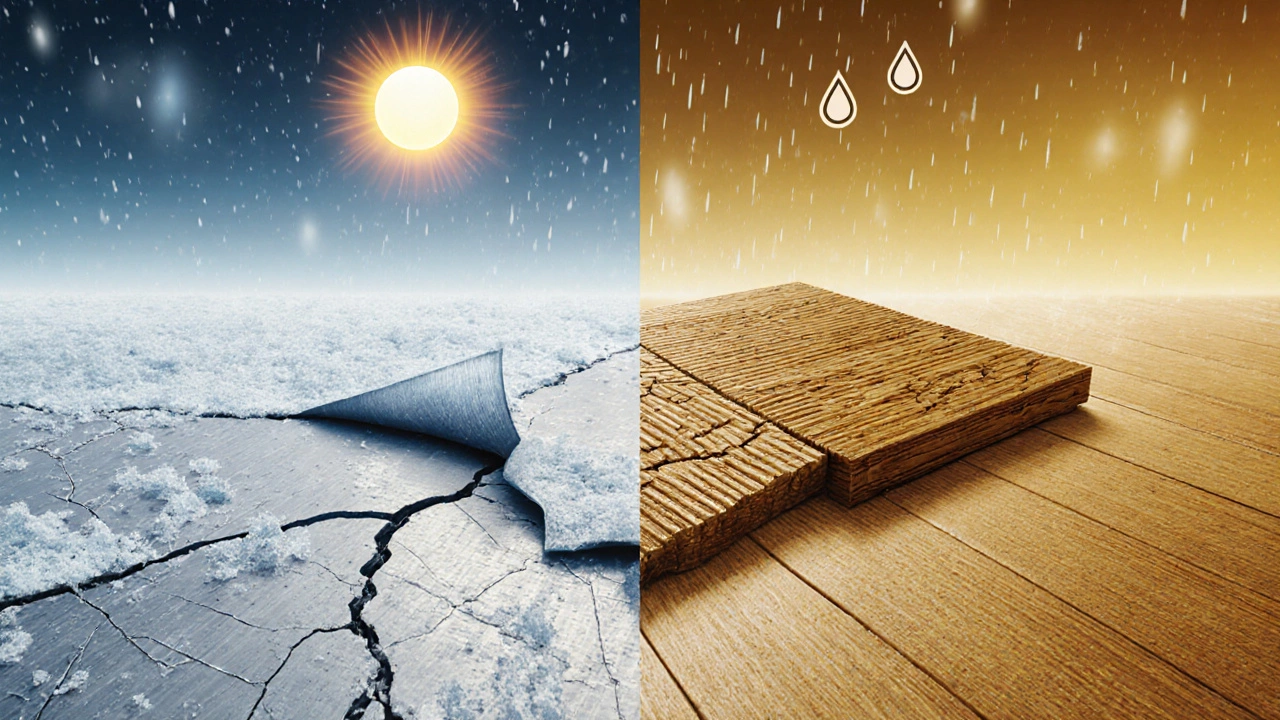 Сравнение хрупкого внутреннего лака и эластичного уличного лака под воздействием мороза и жары.