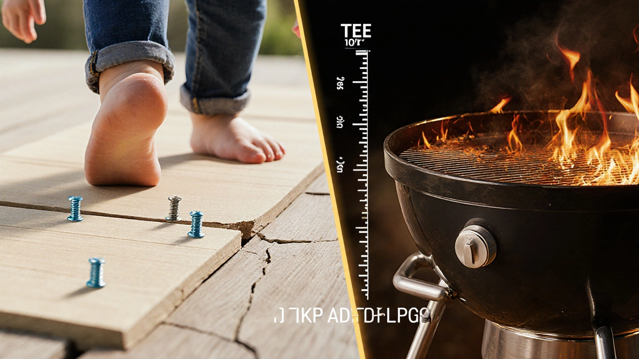 Сравнение: тонкая доска с двумя шурупами прогибается под ногой ребёнка, толстая с тремя — выдерживает гриль, температурный градиент между ними.