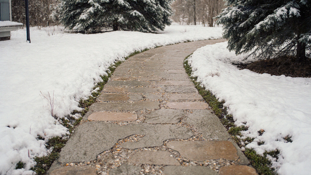 Текстурированная бетонная дорожка с каменной фактурой, устойчивая к морозам и без трещин.