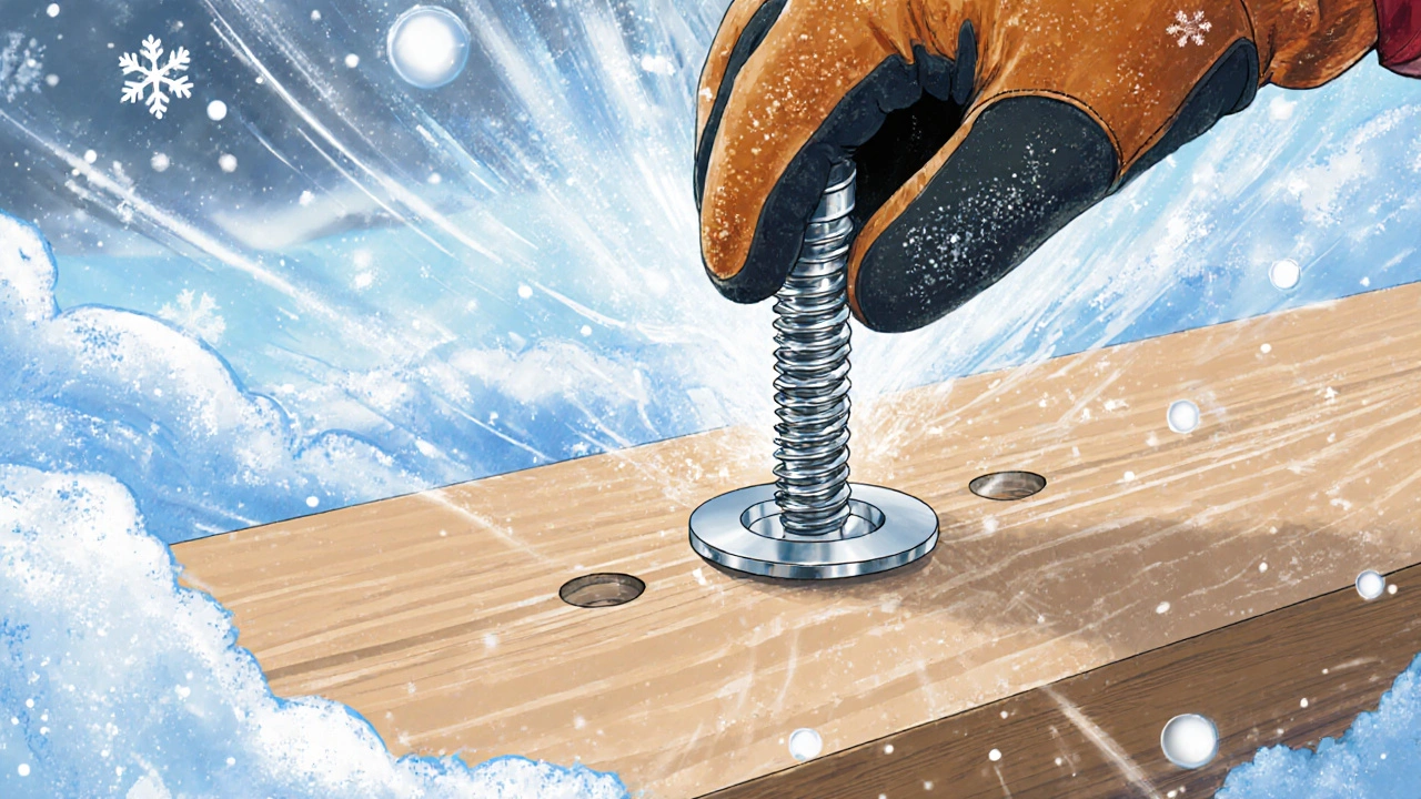 Террасная доска с тремя шурупами в снежной Сибири, рука в перчатках вкручивает нержавеющий шуруп, холодный воздух.