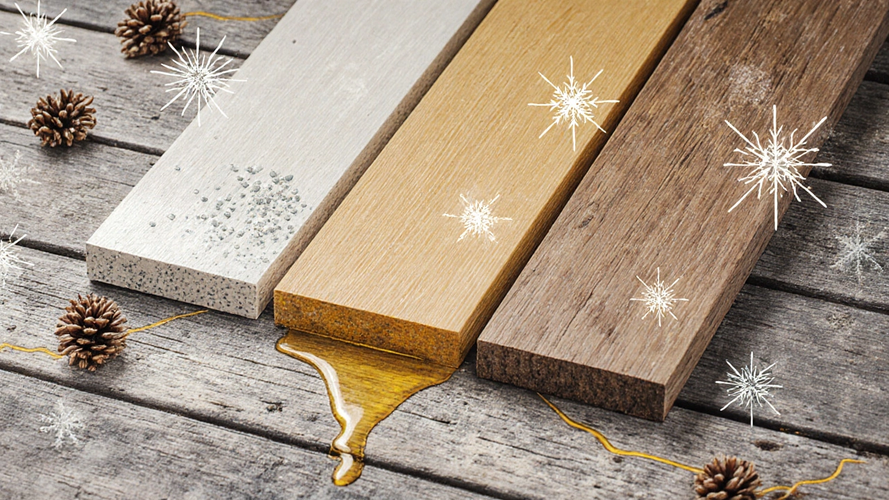 Три вида лака для террасы на деревянной доске: масляный, акриловый и восковой, с элементами погоды.