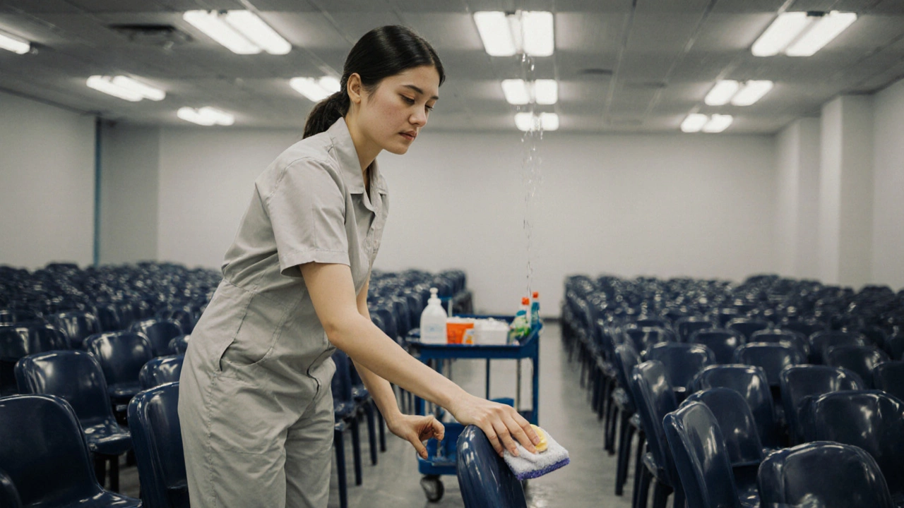 Уборщица протирает пластиковый стул влажной губкой в ярком детском саду.