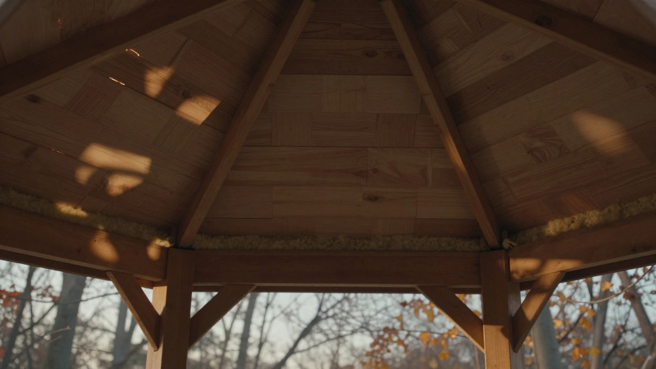 Деталь потолка беседки из деревянных реек с мягким светом, проходящим сквозь зазоры