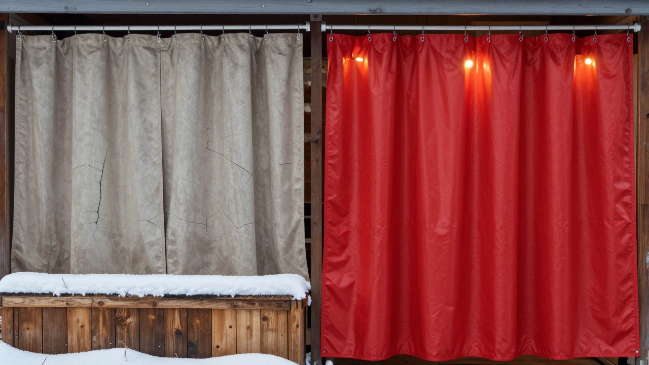 Два комплекта штор: испорченные летние в коробке и целые зимние на креплениях — контраст сохранения и разрушения.