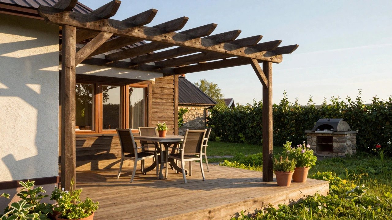 Открытая терраса с навесом и обеденной зоной рядом с закрытым патио.