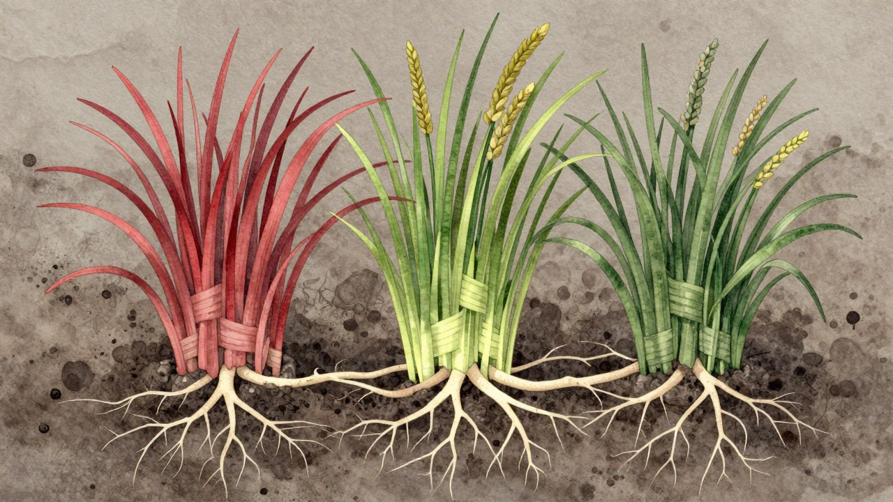 Плотная сеть корней трех устойчивых трав, символизирующая защиту от сорняков.