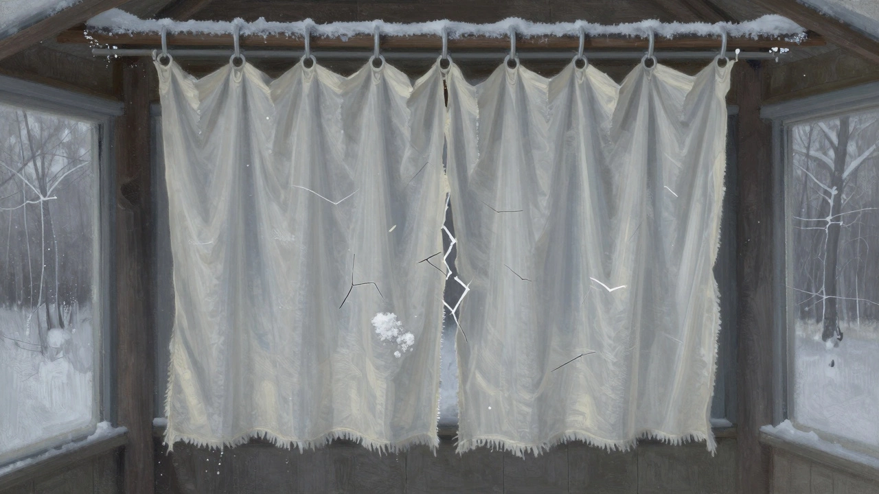 Повреждённые летние шторы из хлопка с соляными пятнами и трещинами волокон, висят в морозной беседке.