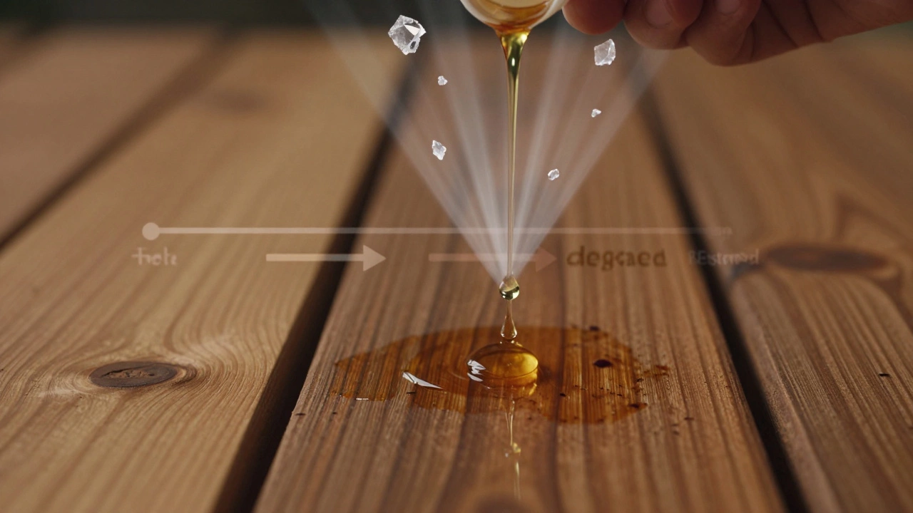 Рука льет масло в дерево, а вокруг — символы солнца и льда, угрожающие древесине