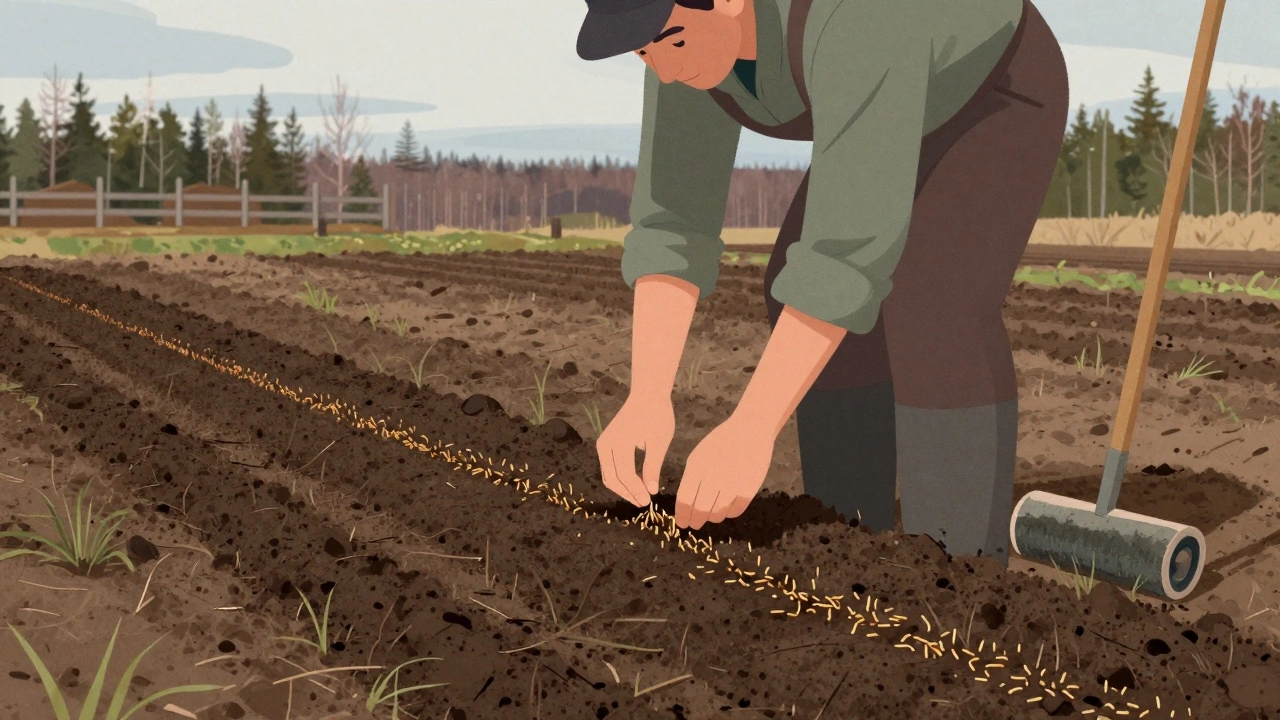 Садовник сеет траву в подготовленную почву с компостом в весенний день в Сибири.