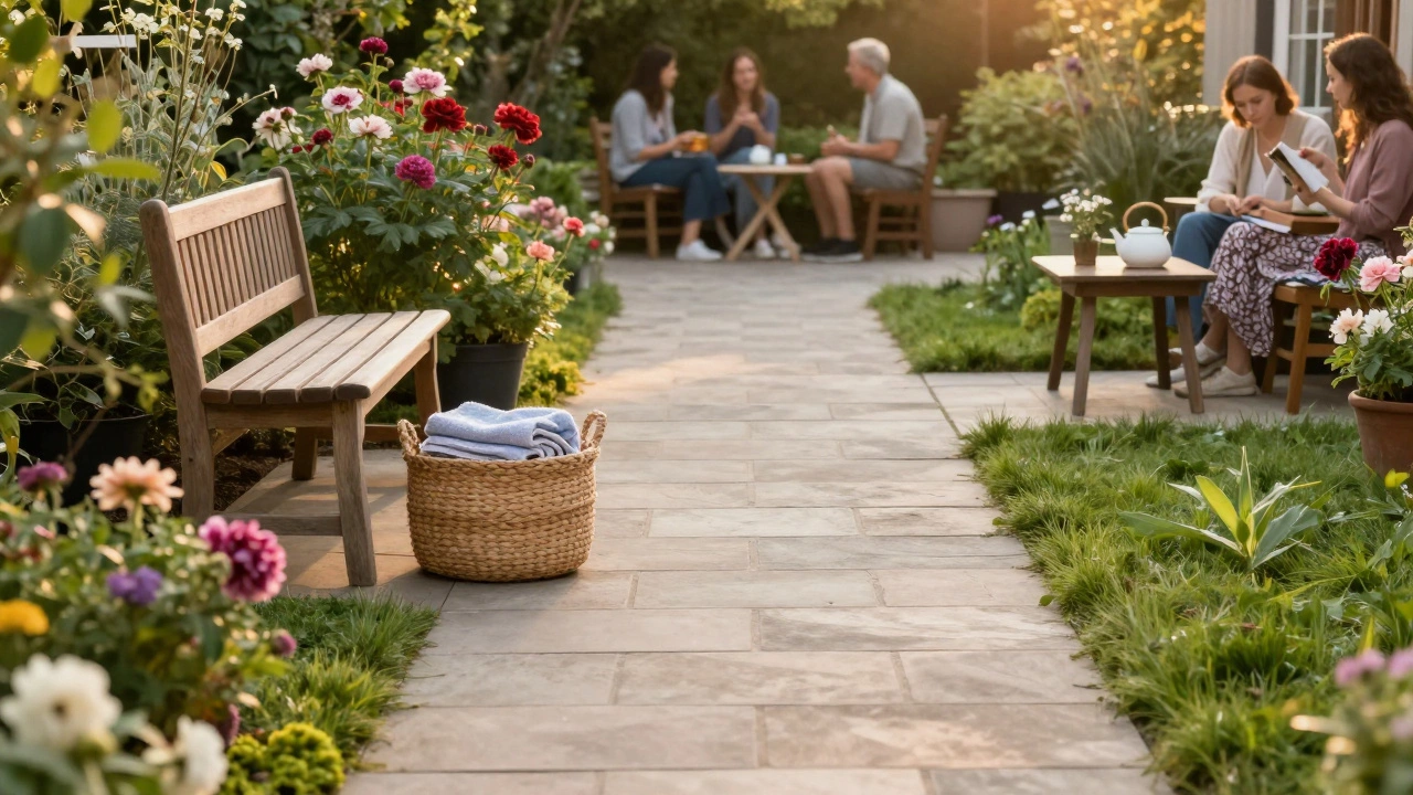 Широкая дорожка шириной 1,4 метра ведёт к зоне отдыха с лавкой и чайным сервизом.