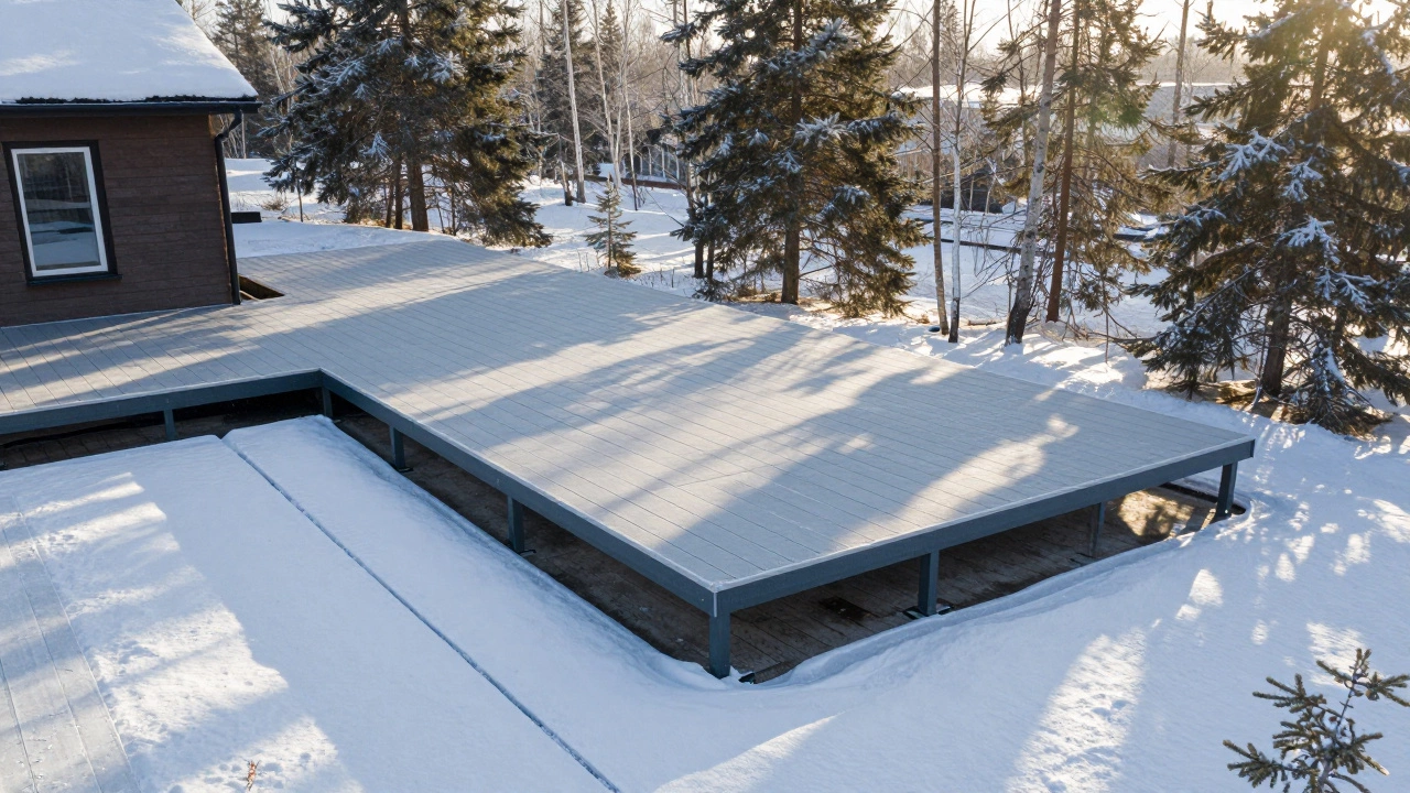 Современная терраса из ПВХ-досок с правильным уклоном и стоком воды в сибирской весне.