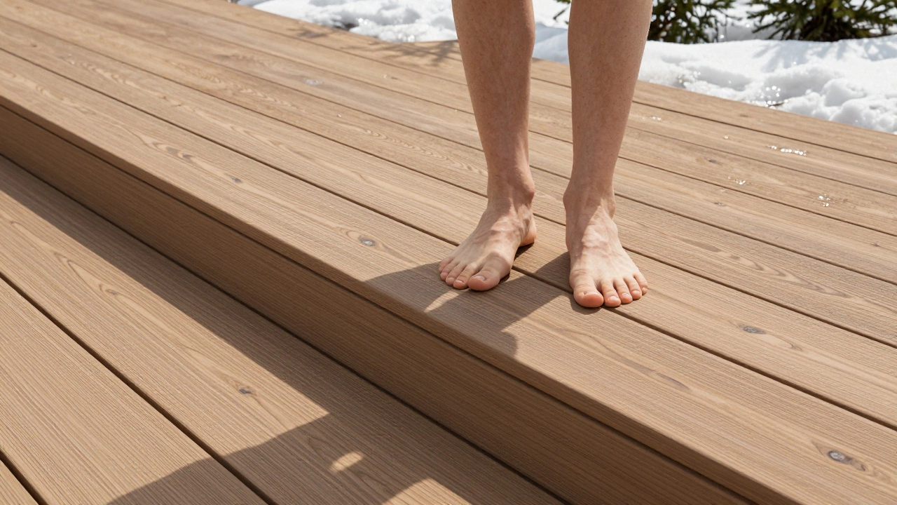 Текстура композитной доски на террасе под солнцем, босые ноги на поверхности.