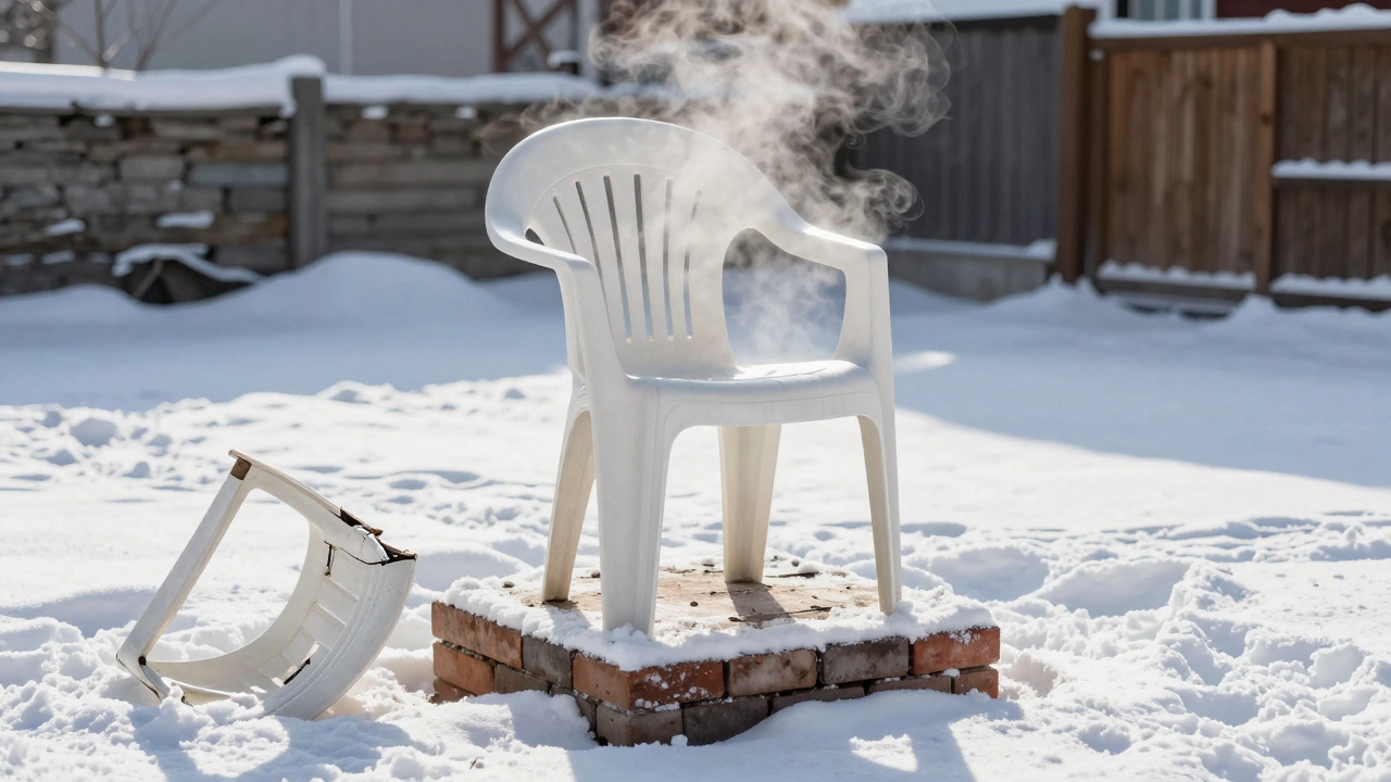 Толстостенный пластиковый стул на кирпичах в снегу, пар поднимается от поверхности, рядом — сломанный аналог.