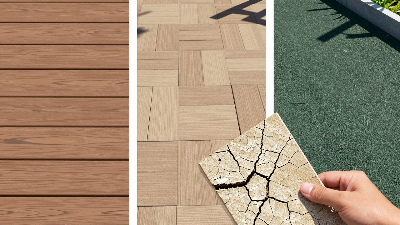 Три альтернативы для террасы: пластиковая доска, ПВХ-плитка и резиновая крошка рядом с разрушенным линолеумом.