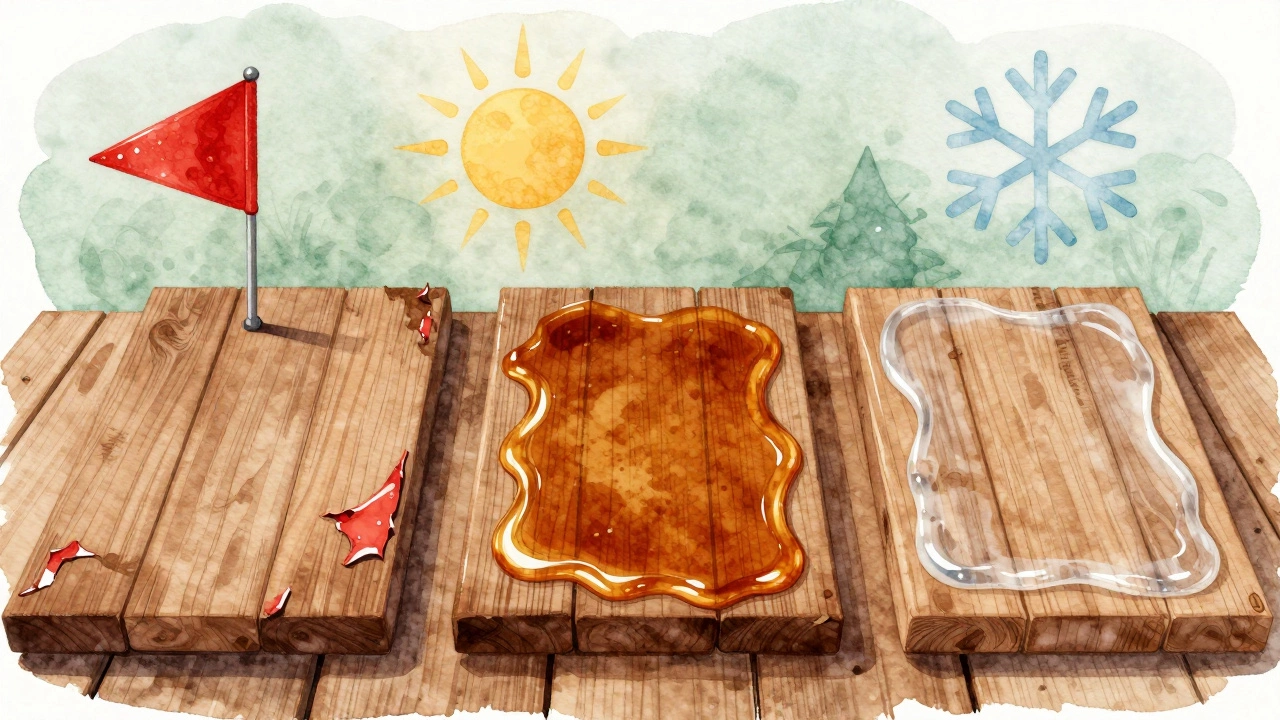 Три доски террасы с разными типами покрытия: краска, масло с воском, акрил-воск