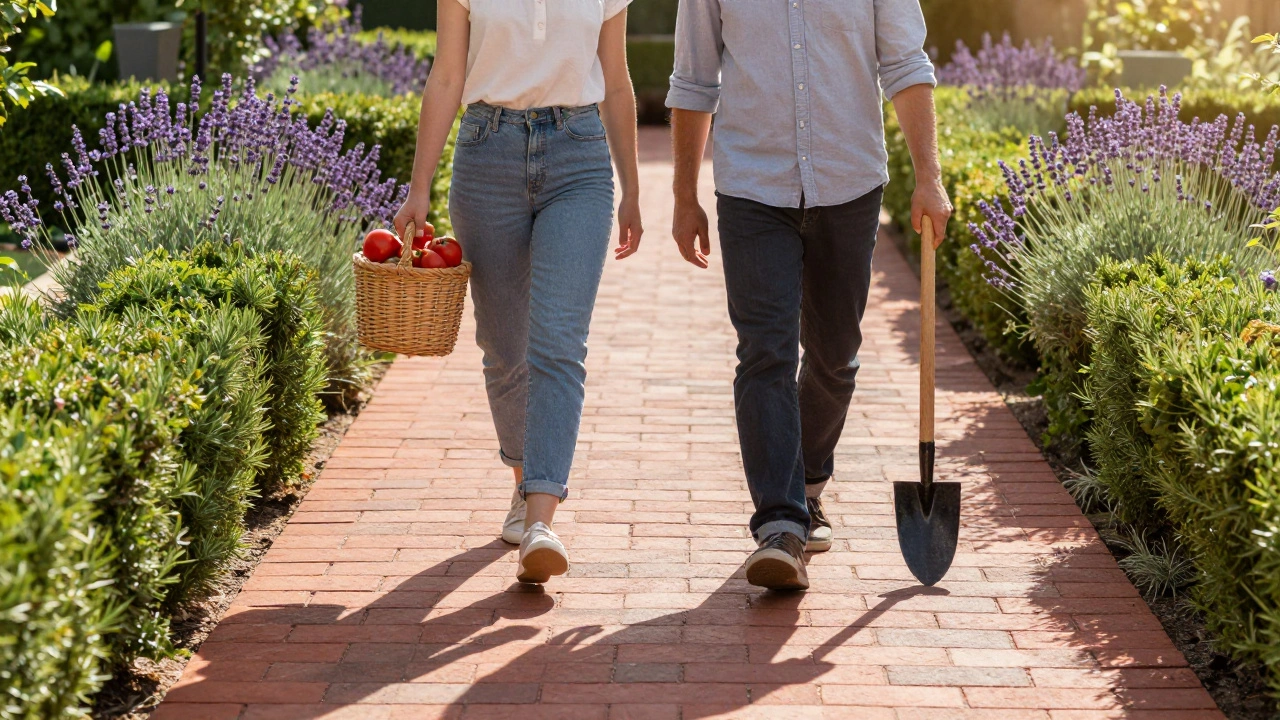 Уютная дорожка шириной 90 см с кирпичной кладкой, по которой спокойно идут два человека с урожаем.